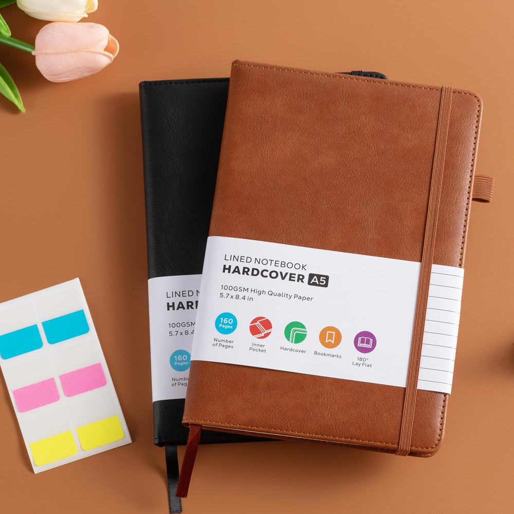 Lined Journal Notebook, A5 (5.7'' x 8.4"), 2 Pack Journaling Notebooks for Women Men Writing Work, Leather Hardcover, 160 Pages per Note Book, 100GSM Thick Paper, School Office Supplies, Black & Brown