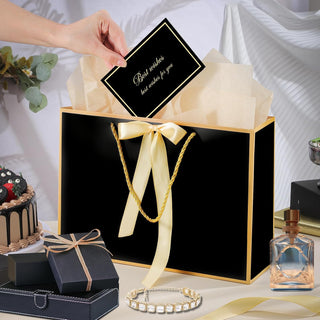 woric Black Gift Bags with Handles, 14" Medium Gift Bag with Tissue Paper, 2 Pcs Bags with 4 Tissue Paper and 2 Cards for Men Graduation Father's Day Birthday Party