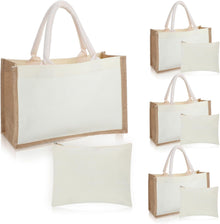 4 Sets Natural Burlap Tote Bags with Handles & Canvas Makeup Pouch, Reusable Jute Tote Bag for Wedding, Beach, Shopping, DIY Craft Blank Burlap Gift Bags with Handles