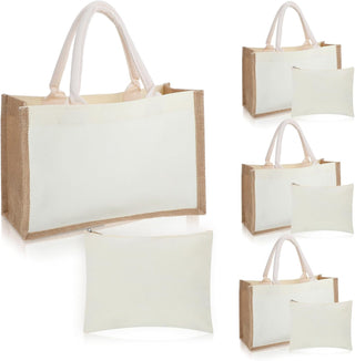 4 Sets Natural Burlap Tote Bags with Handles & Canvas Makeup Pouch, Reusable Jute Tote Bag for Wedding, Beach, Shopping, DIY Craft Blank Burlap Gift Bags with Handles