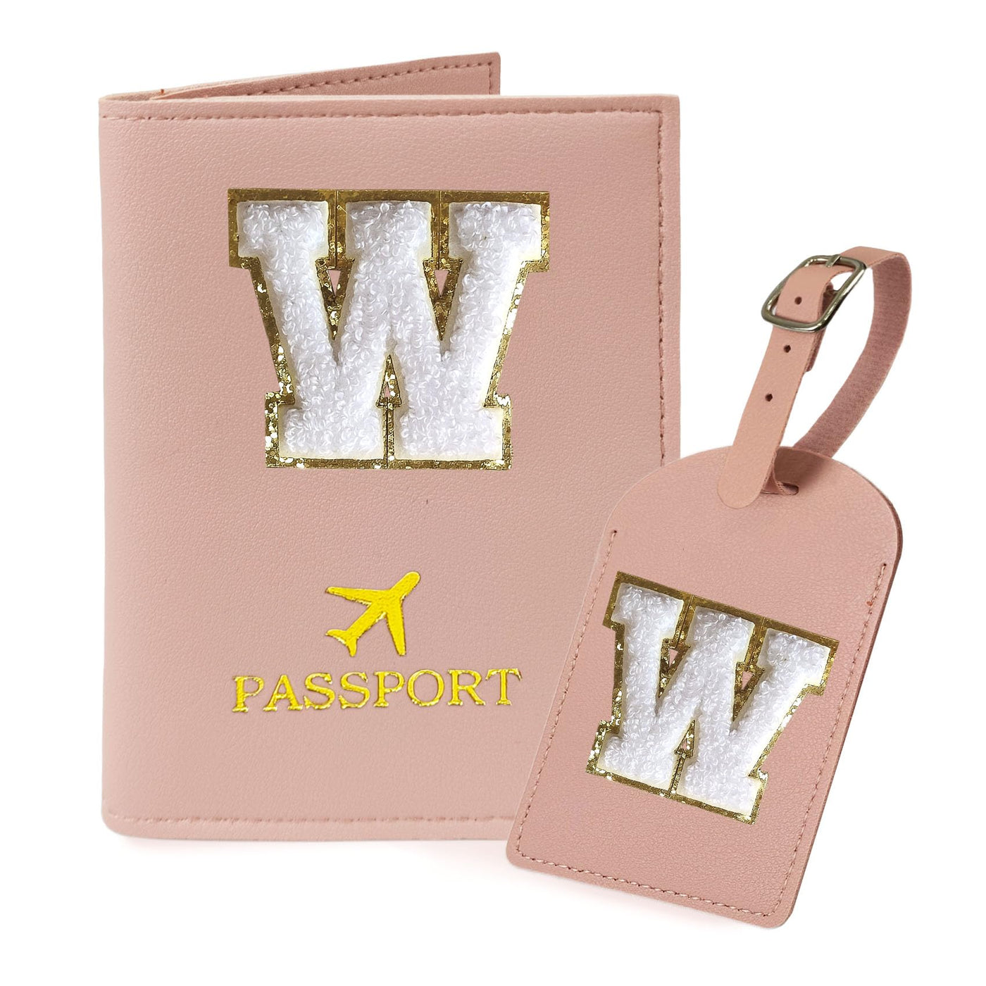 COSHAYSOO Purple Passport Cover Holder and Initial Luggage Tag Set TSA Approved with Personalized Monogram Chenille Letter Patch for Women Teen Girls, Cute Travel Bag Suitcase Identifier (A)