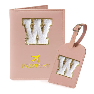 COSHAYSOO Purple Passport Cover Holder and Initial Luggage Tag Set TSA Approved with Personalized Monogram Chenille Letter Patch for Women Teen Girls, Cute Travel Bag Suitcase Identifier (A)