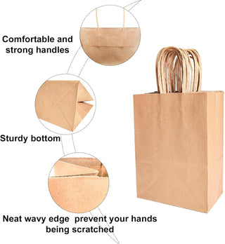 BAG BOX 25 Pack 5.9x3.1x8.25 Inch Brown Gift Bags with Handles,Bulk Kraft Paper Bags for Shopping, Retail, Merchandise, Wedding, Party Favors, Paper Grocery Sacks