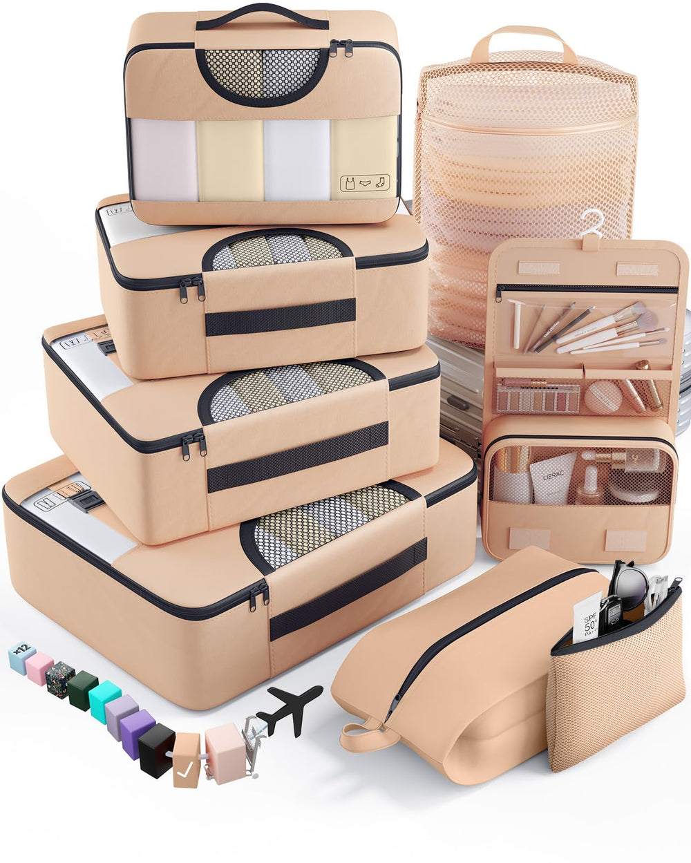 Veken 10 Set/8 Set Packing Cubes for Travel Essentials,Anti-Wrinkle Buckled Suitcase Organizer for Shoe & Toiletry Bag,Carry On Luggage Bag for Airplane & College Dorm Room Accessories,Women Men Gifts
