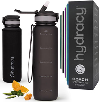 Hydracy Water Bottle with Time Marker -Large BPA Free Water Bottle & No Sweat Sleeve -Leak Proof Gym Bottle with Times to Drink - Ideal for Fitness Sports & Outdoors