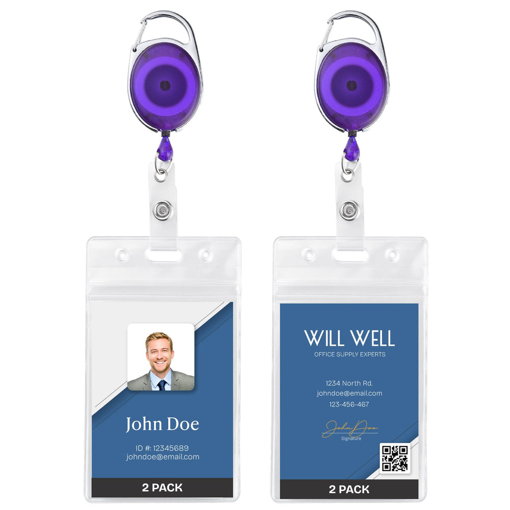 Will Well ID Badge Holders with Clip and Keyring - Vertical Clear Plastic 2.52" x 3.58" Sleeves Fit Up to 3 Cards - Retractable 24" UHMWPE Fiber Pull Cords for Easy Access - 2-Pack, Black Reels