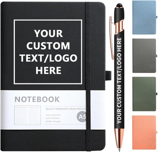Personalized Notebook and Pen, Custom Notebooks Cover with Logo/Text/Image, Customizable A5 & A6 Leather Notebook, Lined Journals Present for Business Students Teacher (200 Lined Pages)