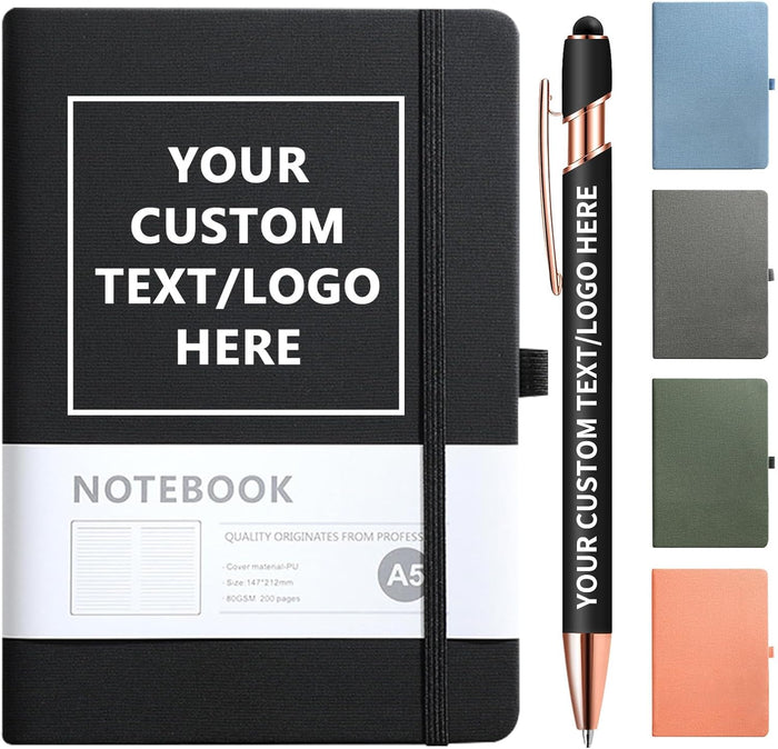 Personalized Notebook and Pen, Custom Notebooks Cover with Logo/Text/Image, Customizable A5 & A6 Leather Notebook, Lined Journals Present for Business Students Teacher (200 Lined Pages)