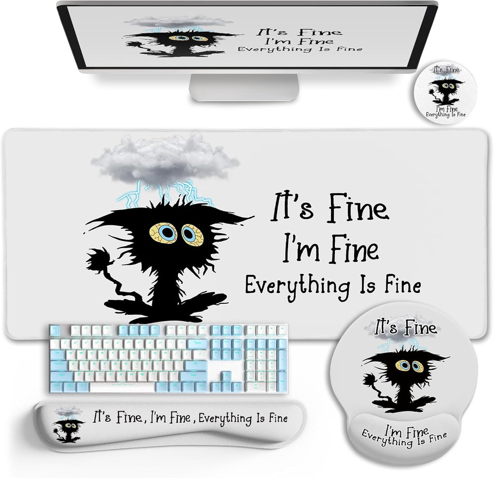 LIMKRIAN Desk Mat Set, Large Gaming Mouse Pad with Wrist Rest, Ergonomic Mouse Pad Keyboard Mat Wrist Support, Cup Coaster, Home Office Desk Accessories Decor Supplies, Funny Black Cat