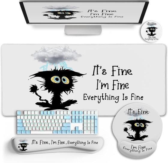 LIMKRIAN Desk Mat Set, Large Gaming Mouse Pad with Wrist Rest, Ergonomic Mouse Pad Keyboard Mat Wrist Support, Cup Coaster, Home Office Desk Accessories Decor Supplies, Funny Black Cat