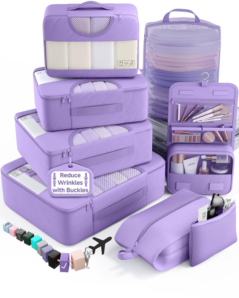 Veken 10 Set/8 Set Packing Cubes for Travel Essentials,Anti-Wrinkle Buckled Suitcase Organizer for Shoe & Toiletry Bag,Carry On Luggage Bag for Airplane & College Dorm Room Accessories,Women Men Gifts