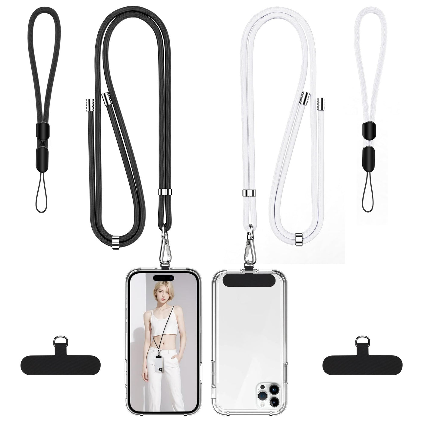 takyu Phone Lanyard, 2 Pack Adjustable Cell Phone Lanyard Crossbody Neck Strap & 2 Pack Phone Wrist Strap with 2 Pcs Tether Tabs Compatible for iPhone Android Smartphones-Black Grey