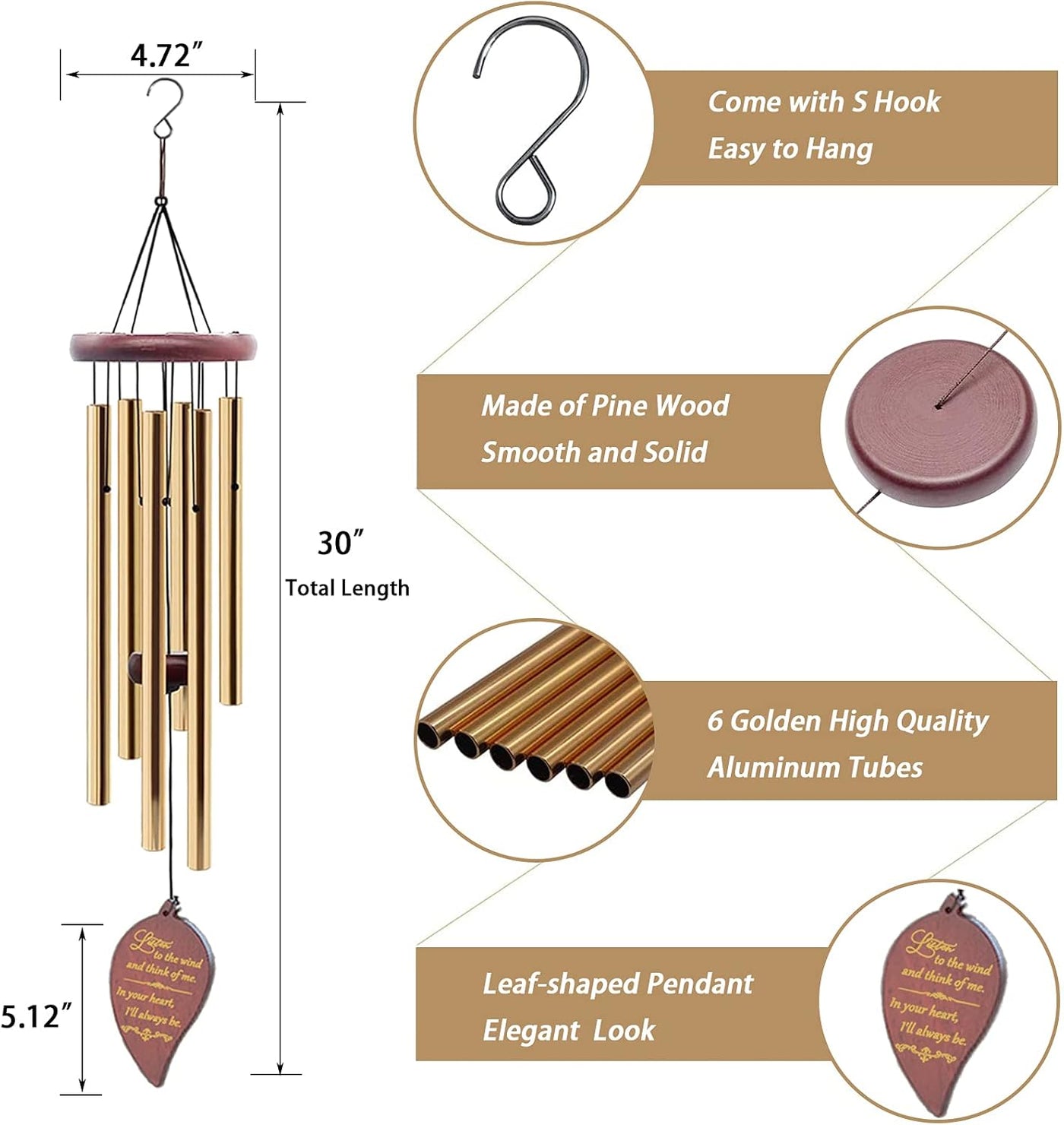 Soopau Wind Chimes for Outside, 30" Wooden Sympathy Wind Chimes Memorial Wind Chime for Loss of Loved One Mother Father, Sympathy Gift Home Decor Outdoor Garden Patio