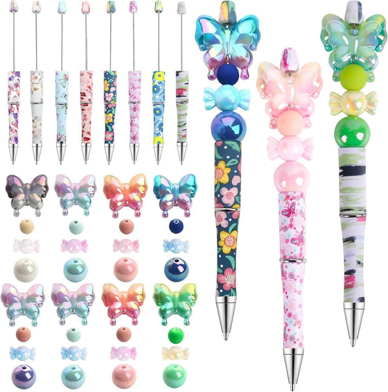 holoith 8 Set Butterfly Flower Beadable Pens Kit, Pen Making Kit with Beads and Refills, Black Ink Ballpoint Smooth Writing, Gift for Diy Present Students Teens Office Supplies