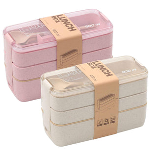 Rarapop 3 Pack Stackable Bento Box Adult Japanese Lunch Box Kit with Spoon & Fork, 3-In-1 Compartment Wheat Straw Meal Prep Containers (Green/Pink/Beige)