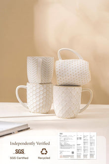 FOBENTA Ceramic Coffee Mugs Set of 4, 12oz Embossed Cups with Elegant Patterns – A Thoughtful Gift for Women, Mom, or Friends,Perfect for Tea, Latte, Cocoa (Arctic White, 12 OZ)