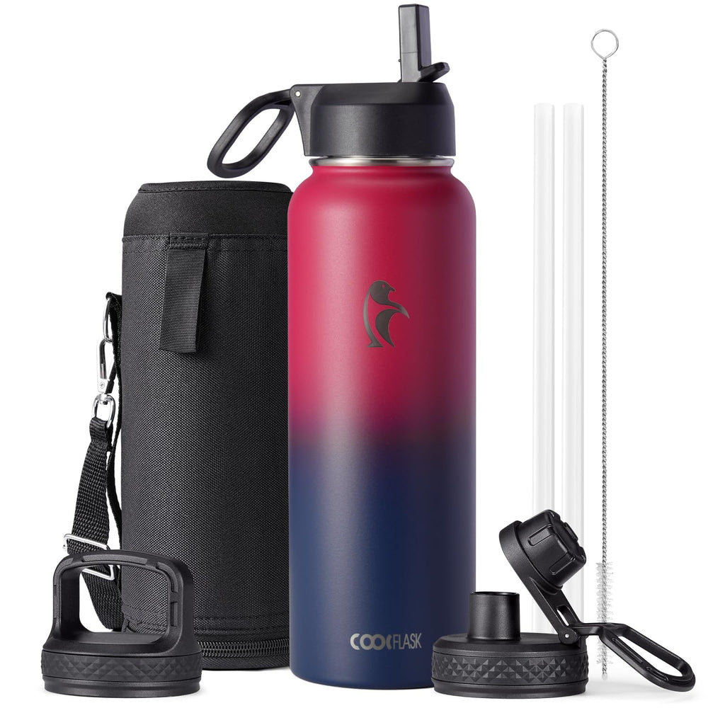 Water Bottle 40 oz Insulated with Straw&Brush, Coolflask Vaccum Stainless Steel Metal 3 Lids Water Flask for Sports, Gym or Office, Keep Cold 48H Hot 24H, Magic Black