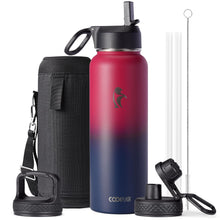 Water Bottle 40 oz Insulated with Straw&Brush, Coolflask Vaccum Stainless Steel Metal 3 Lids Water Flask for Sports, Gym or Office, Keep Cold 48H Hot 24H, Magic Black