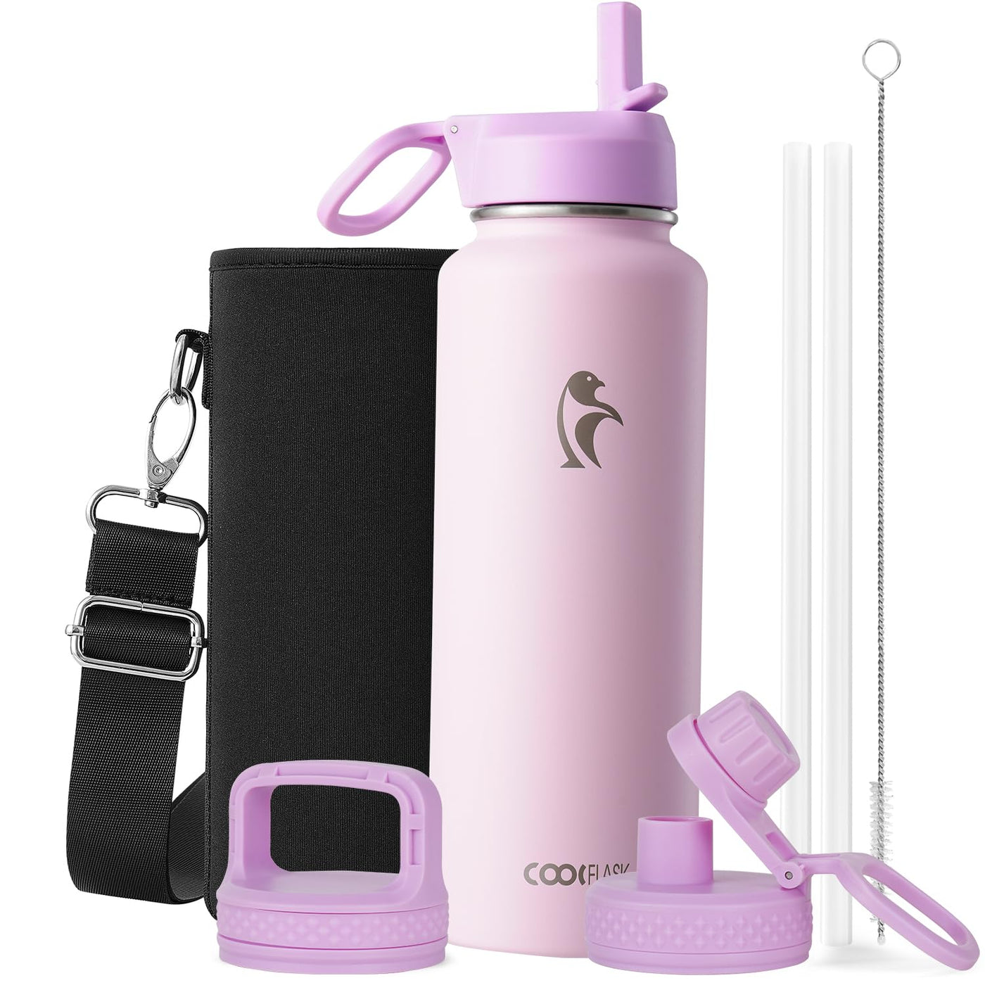 Water Bottle 40 oz Insulated with Straw&Brush, Coolflask Vaccum Stainless Steel Metal 3 Lids Water Flask for Sports, Gym or Office, Keep Cold 48H Hot 24H, Magic Black