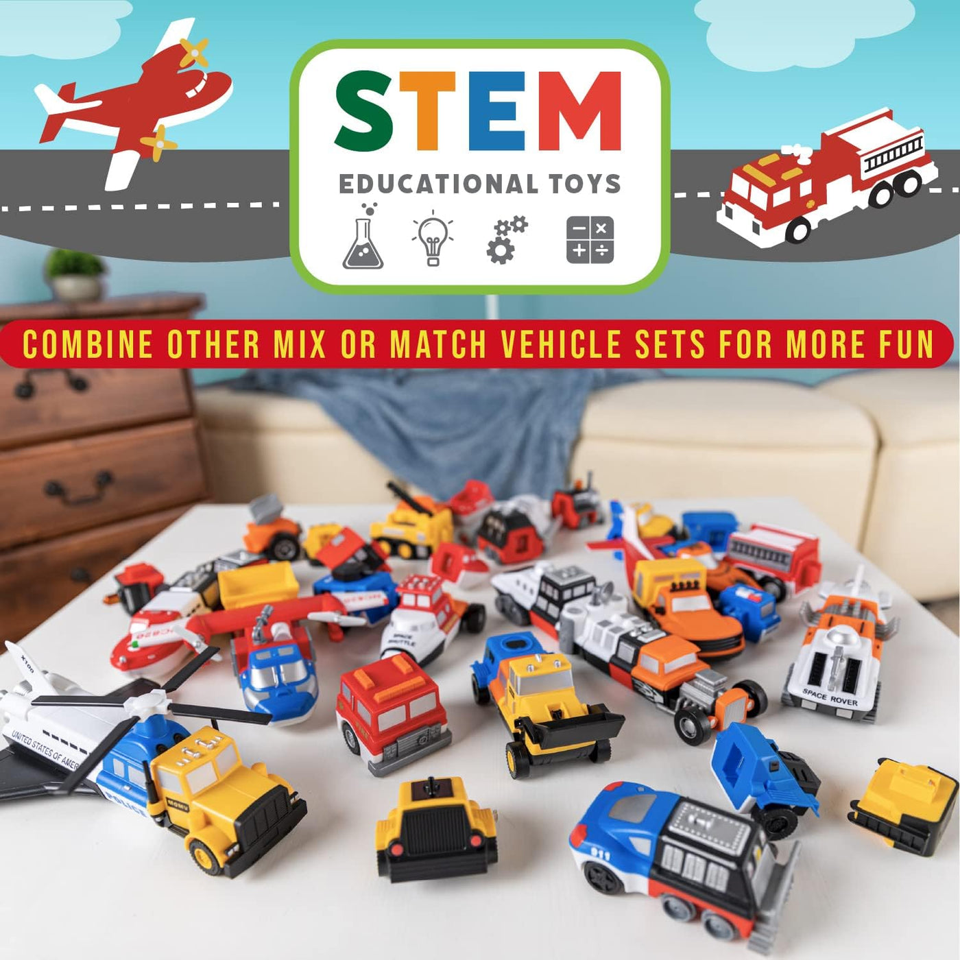 POPULAR PLAYTHINGS Magnetic Vehicles for Toddlers 1-3, Mix or Match Car Toys, Set of 3 Gift for Kids - Vehicles, Fire & Rescue, Red and White