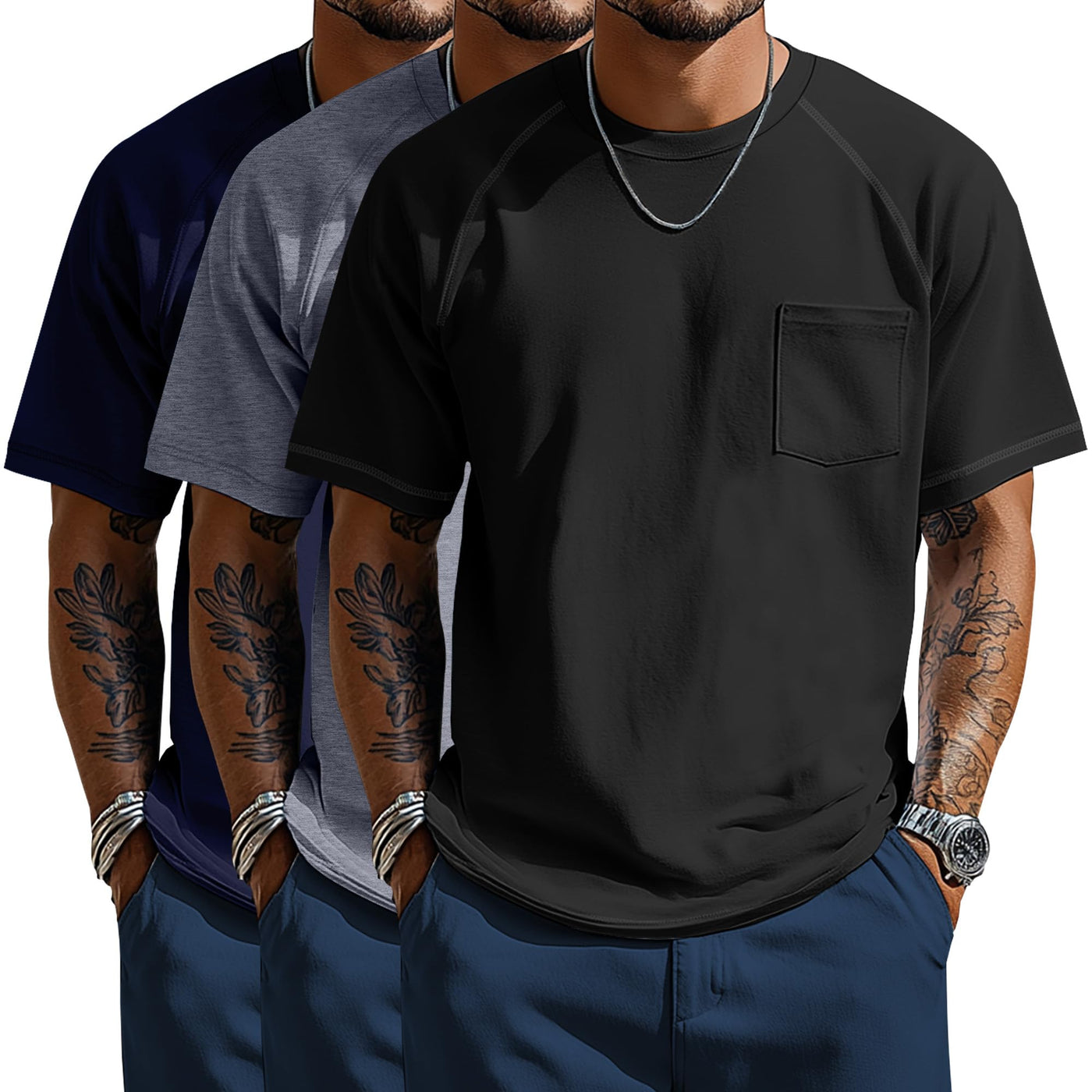 Neer 3 Pack Big and Tall Shirts for Men with Pocket XL-5XL Plus Size Crew Neck Raglan Short Sleeve Summer Casual T Shirts Tee