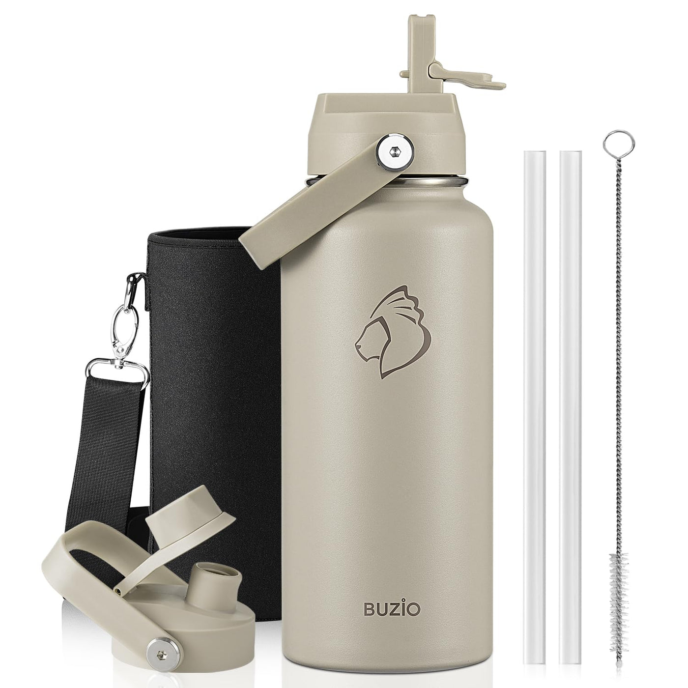 BUZIO 40oz Insulated Water Bottle, Triple Wall Vacuum Stainless Steel Water Flask with 2 lids, Lead-Free BPA-Free Straw Lid Sports Canteen Jug, Cold 48H & Hot 24H- Black