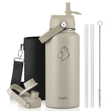 BUZIO 40oz Insulated Water Bottle, Triple Wall Vacuum Stainless Steel Water Flask with 2 lids, Lead-Free BPA-Free Straw Lid Sports Canteen Jug, Cold 48H & Hot 24H- Black