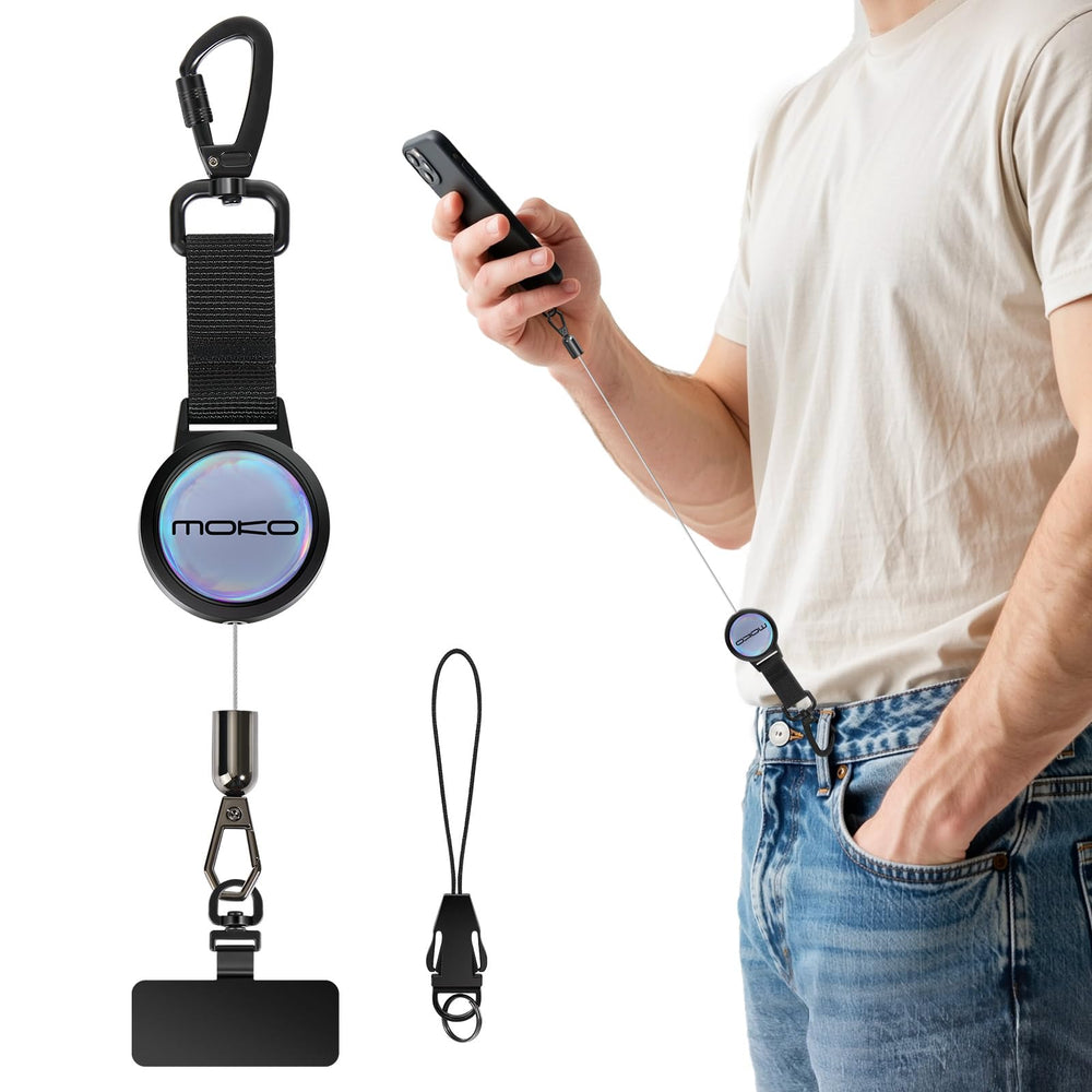 MoKo Anti-theft Phone Tether, Phone Lanyard Retractable Steel Line Cellphone Strap with Locking Carabiner and Metal 360° Tether Tab for Outdoor Skiing Hiking Climbing Fishing, Black
