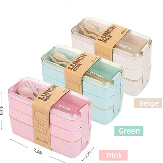 Rarapop 3 Pack Stackable Bento Box Adult Japanese Lunch Box Kit with Spoon & Fork, 3-In-1 Compartment Wheat Straw Meal Prep Containers (Green/Pink/Beige)