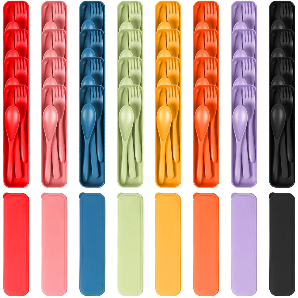 Reusable Travel Utensils Set with Case, 4 Sets Wheat Straw Portable Knife Fork Spoons Tableware, Eco-Friendly BPA Free Cutlery for Kids Adults Picnic Camping Utensils(Green, Beige, Pink, Blue)