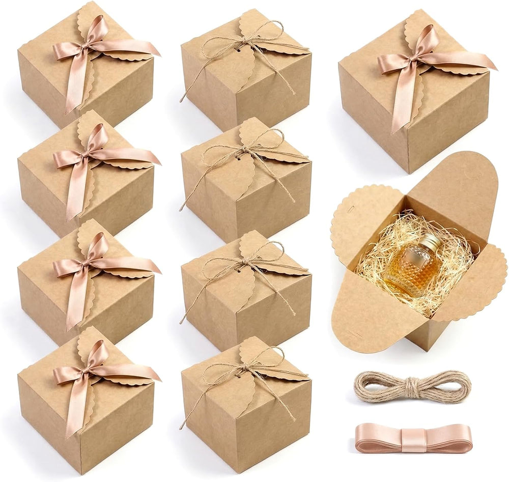 RAINFLOW Eco-Friendly Brown Kraft Gift Boxes with Satin Ribbon – 12x12x9 cm, Small Square Boxes for Weddings, Birthdays, Party Favors 10-Pack, Bulk Packaging, Recyclable Paper