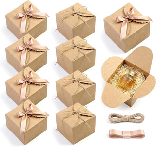 RAINFLOW Eco-Friendly Brown Kraft Gift Boxes with Satin Ribbon – 12x12x9 cm, Small Square Boxes for Weddings, Birthdays, Party Favors 10-Pack, Bulk Packaging, Recyclable Paper