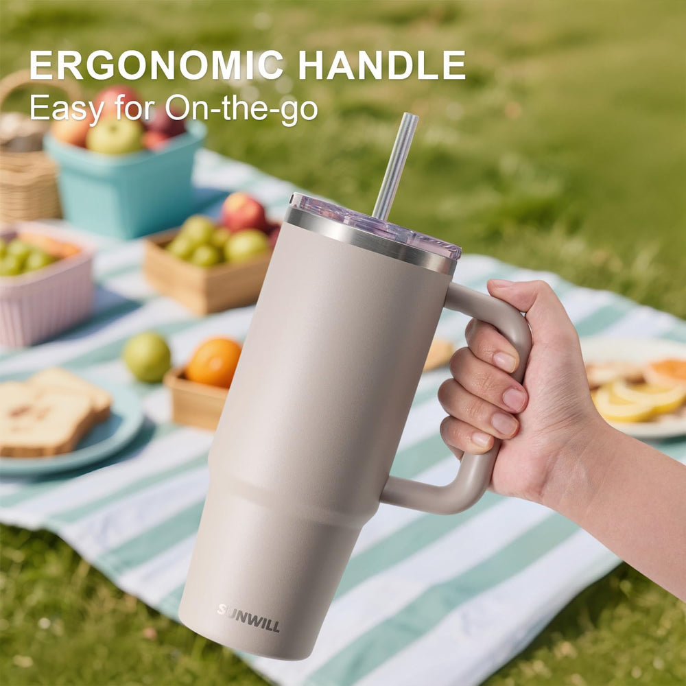 SUNWILL Insulated Coffee Tumbler with Handle, 30oz Stainless Steel Travel Mug with Straw, Spill Resistant Lid, Cup Holder Friendly, Powder Coated Almond
