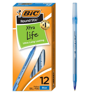 BIC Round Stic Xtra Life Black Ballpoint Pens, Medium Point (1.0mm), 12-Count Pack of Bulk Pens, Flexible Round Barrel for Writing Comfort, No. 1 Selling Ballpoint Pens