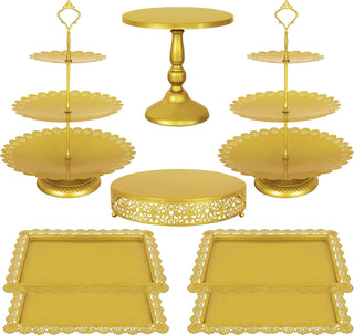 Fivenl 8 Pcs Cake Stand Gold Metal Dessert Table Display Set, 3-Tier Cupcake Stand, Cake Display Tower and Cookie Tray Rack Serving Tray for Birthday Party, Weddings, Baby Shower (Gold)
