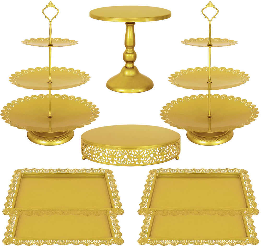 Fivenl 8 Pcs Cake Stand Gold Metal Dessert Table Display Set, 3-Tier Cupcake Stand, Cake Display Tower and Cookie Tray Rack Serving Tray for Birthday Party, Weddings, Baby Shower (Gold)