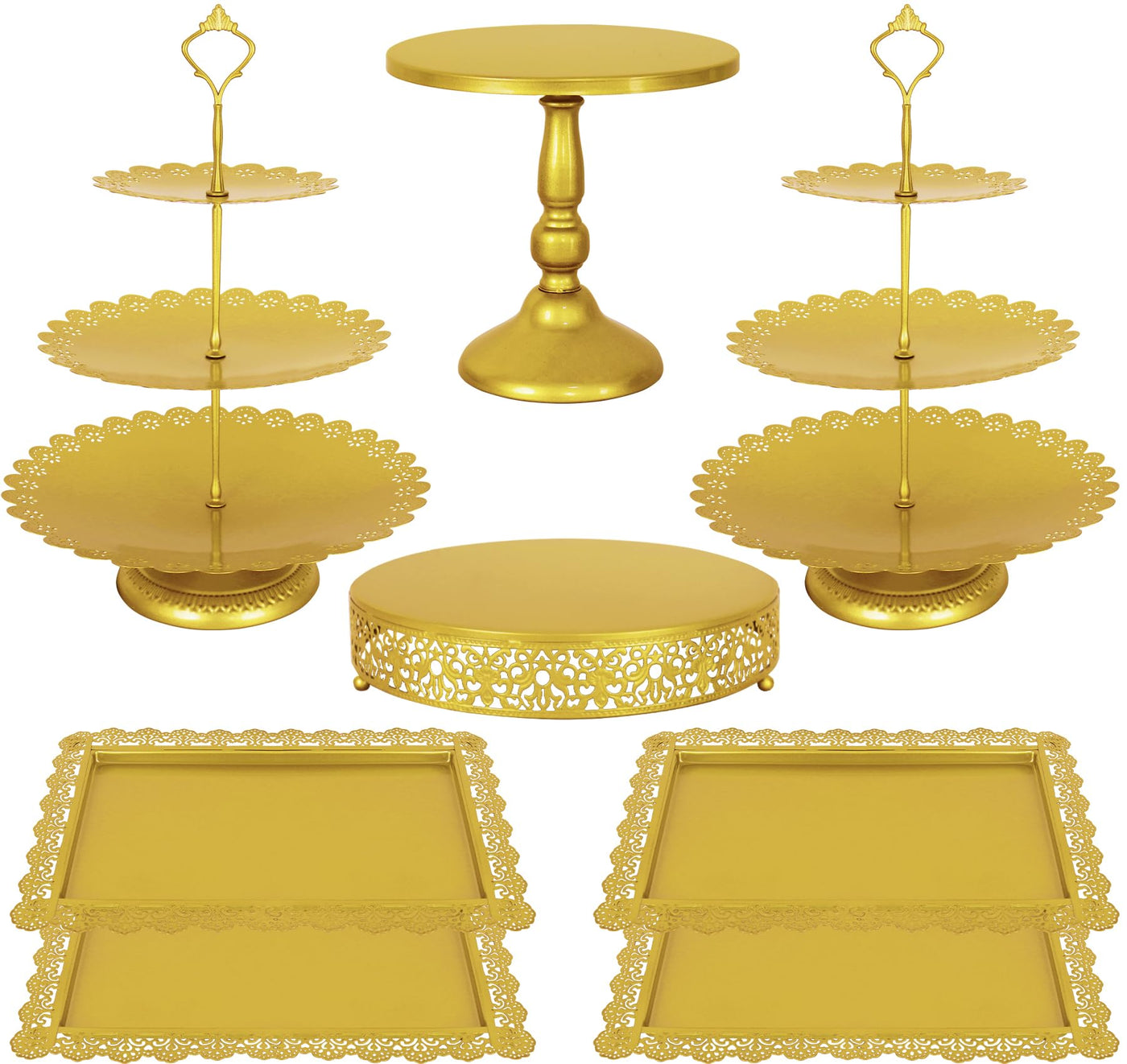 Fivenl 8 Pcs Cake Stand Gold Metal Dessert Table Display Set, 3-Tier Cupcake Stand, Cake Display Tower and Cookie Tray Rack Serving Tray for Birthday Party, Weddings, Baby Shower (Gold)