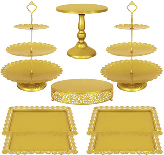 Fivenl 8 Pcs Cake Stand Gold Metal Dessert Table Display Set, 3-Tier Cupcake Stand, Cake Display Tower and Cookie Tray Rack Serving Tray for Birthday Party, Weddings, Baby Shower (Gold)