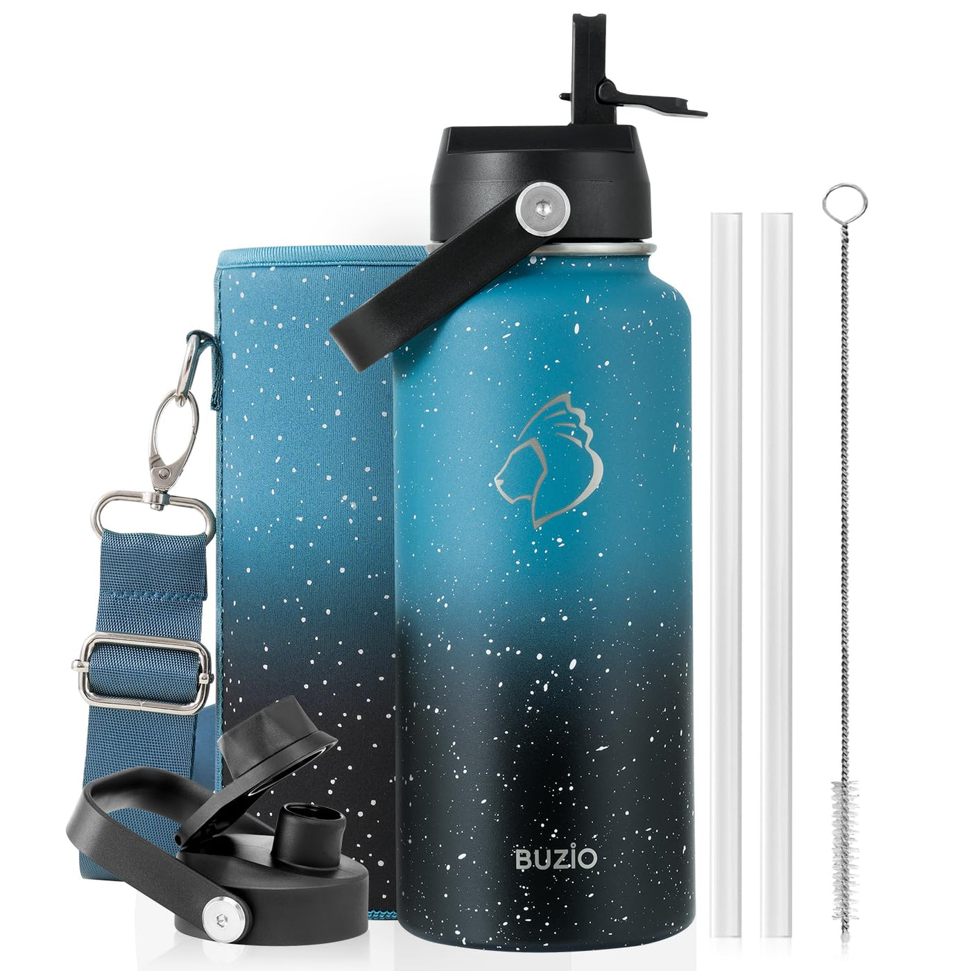 BUZIO 40oz Insulated Water Bottle, Triple Wall Vacuum Stainless Steel Water Flask with 2 lids, Lead-Free BPA-Free Straw Lid Sports Canteen Jug, Cold 48H & Hot 24H- Black