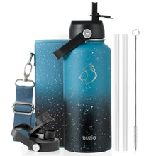 BUZIO 40oz Insulated Water Bottle, Triple Wall Vacuum Stainless Steel Water Flask with 2 lids, Lead-Free BPA-Free Straw Lid Sports Canteen Jug, Cold 48H & Hot 24H- Black