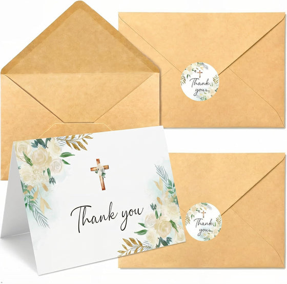 50Pcs Cross Flower Thank You & Sympathy Cards - 4 x 6 Inch Blank Inside Greeting Cards with Envelopes and Stickers for Wedding, Baptism, Baby Shower, Bridal Shower, Funeral