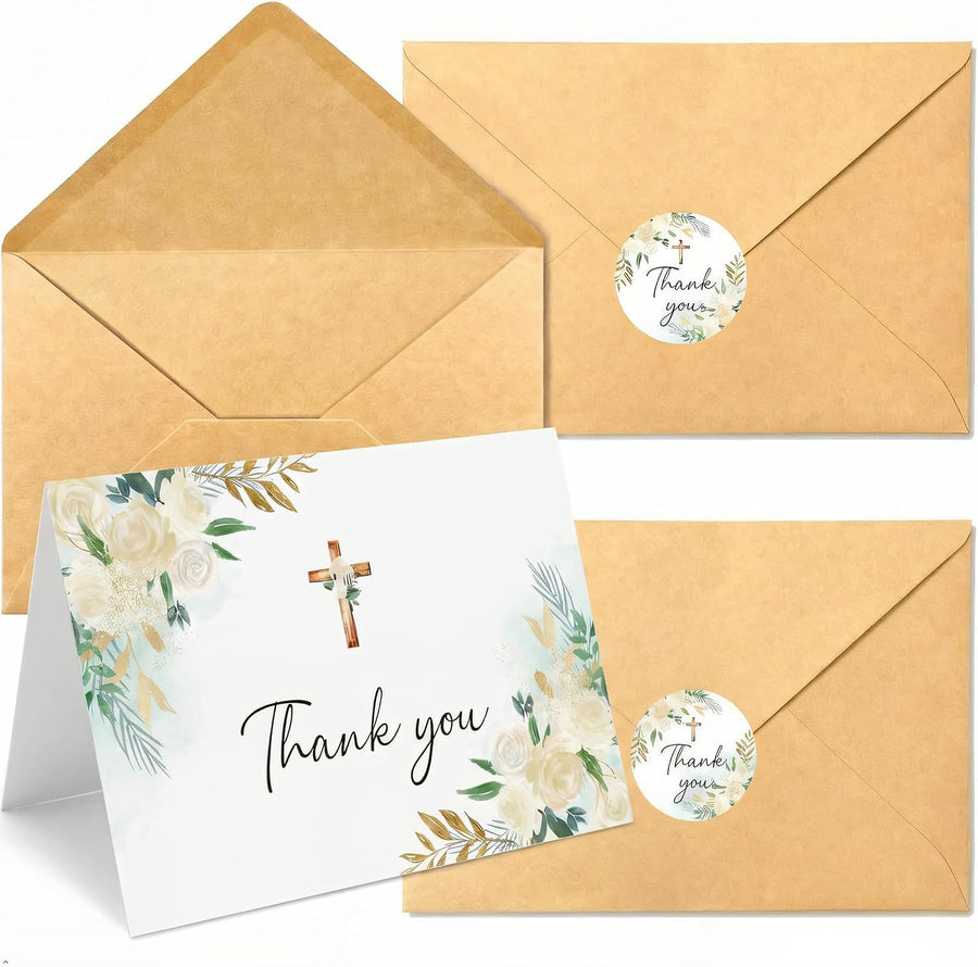 50Pcs Cross Flower Thank You & Sympathy Cards - 4 x 6 Inch Blank Inside Greeting Cards with Envelopes and Stickers for Wedding, Baptism, Baby Shower, Bridal Shower, Funeral