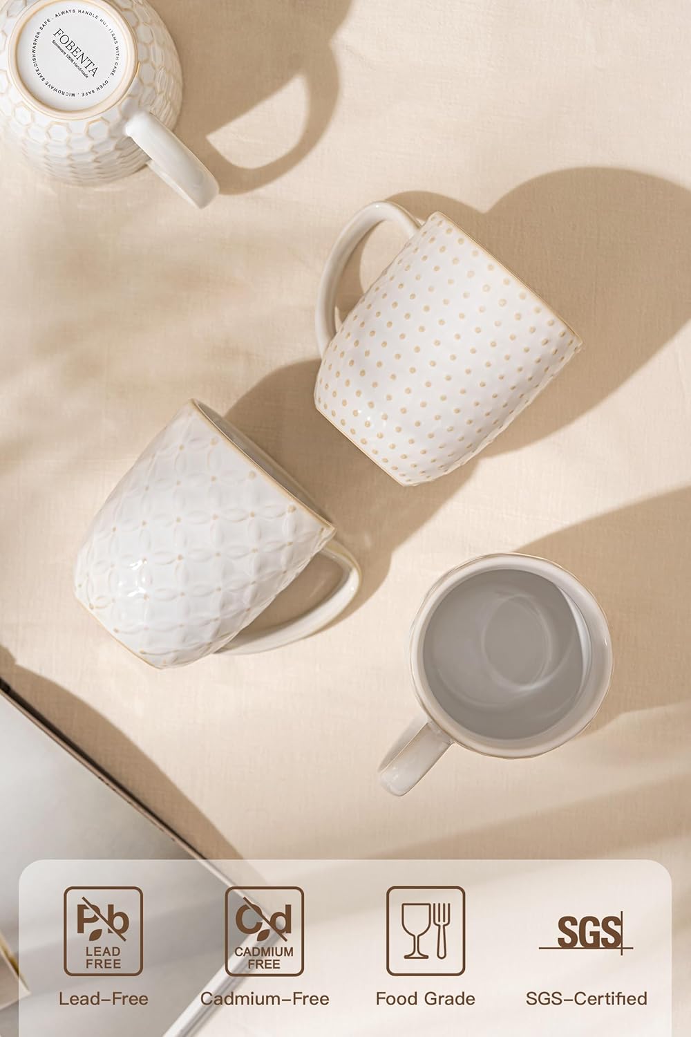 FOBENTA Ceramic Coffee Mugs Set of 4, 12oz Embossed Cups with Elegant Patterns – A Thoughtful Gift for Women, Mom, or Friends,Perfect for Tea, Latte, Cocoa (Arctic White, 12 OZ)