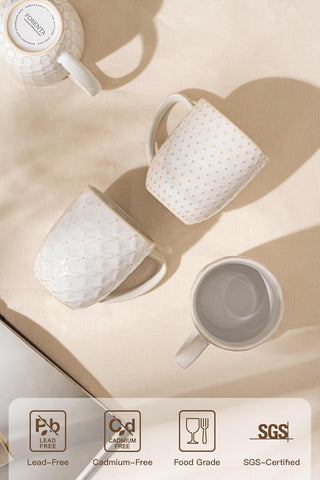 FOBENTA Ceramic Coffee Mugs Set of 4, 12oz Embossed Cups with Elegant Patterns – A Thoughtful Gift for Women, Mom, or Friends,Perfect for Tea, Latte, Cocoa (Arctic White, 12 OZ)