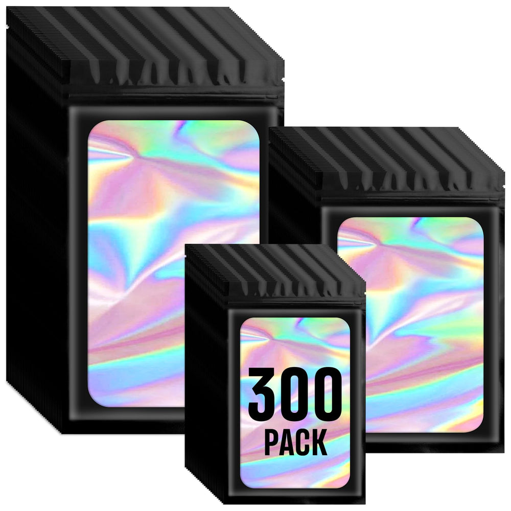 Funfery 300 Pack 3 Size Mylar Holographic Bags with Clear Window,Resealable Bag Smell Proof Bags Zipper Foil Baggie Packaging Pouch for Food Storage,Sample,Small Business(Black,3x4.7,4x6,4.7x7.9in)