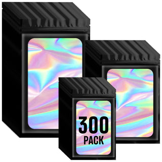 Funfery 300 Pack 3 Size Mylar Holographic Bags with Clear Window,Resealable Bag Smell Proof Bags Zipper Foil Baggie Packaging Pouch for Food Storage,Sample,Small Business(Black,3x4.7,4x6,4.7x7.9in)
