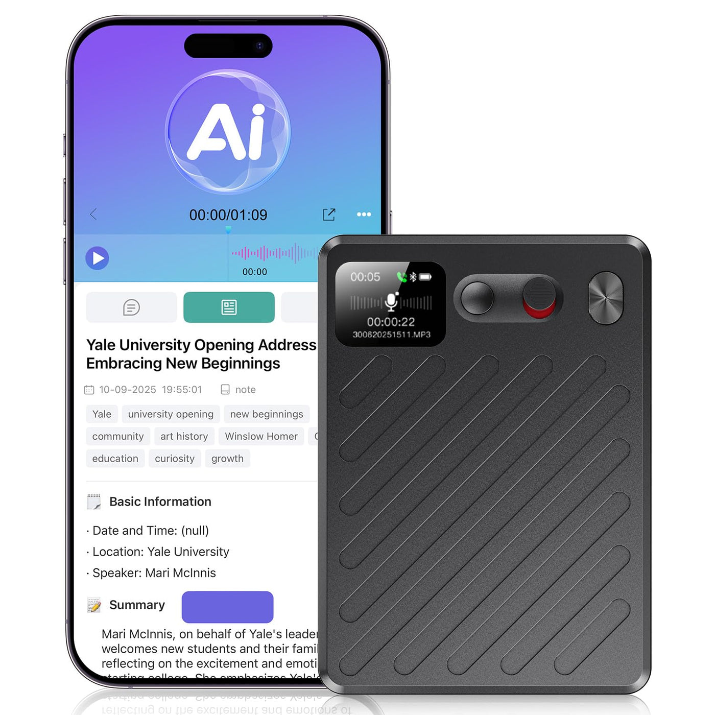 AI Voice Recorder, Note Taking Device, Transcribe & Summarize, Voice Recorder With Display, App Control, Supports 132+ Languages, 100H, 64GB, Magnetic Audio Recorder for Lectures Meetings Calls,Silver