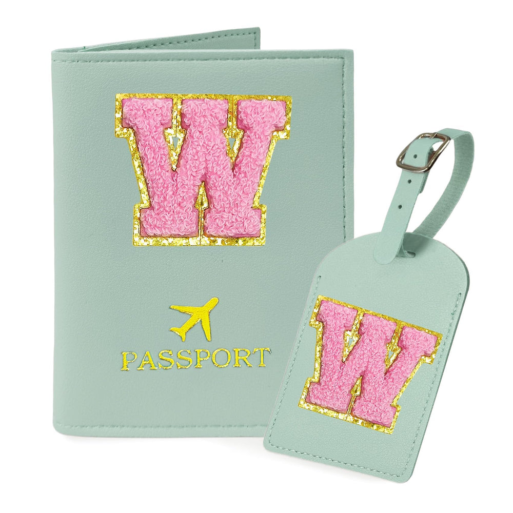 COSHAYSOO Purple Passport Cover Holder and Initial Luggage Tag Set TSA Approved with Personalized Monogram Chenille Letter Patch for Women Teen Girls, Cute Travel Bag Suitcase Identifier (A)