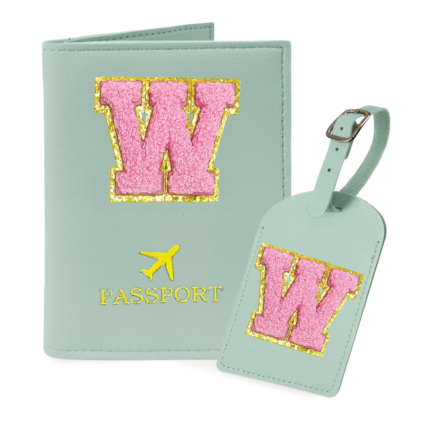 COSHAYSOO Purple Passport Cover Holder and Initial Luggage Tag Set TSA Approved with Personalized Monogram Chenille Letter Patch for Women Teen Girls, Cute Travel Bag Suitcase Identifier (A)
