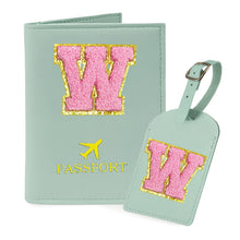 COSHAYSOO Purple Passport Cover Holder and Initial Luggage Tag Set TSA Approved with Personalized Monogram Chenille Letter Patch for Women Teen Girls, Cute Travel Bag Suitcase Identifier (A)